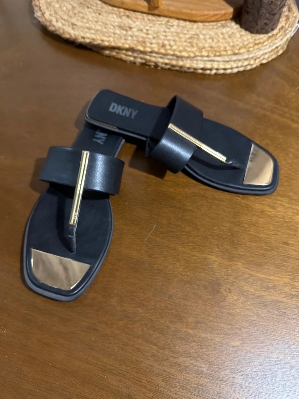 DKNY Black Leather Slide Sandals with Gold Accents. Flip Flop.